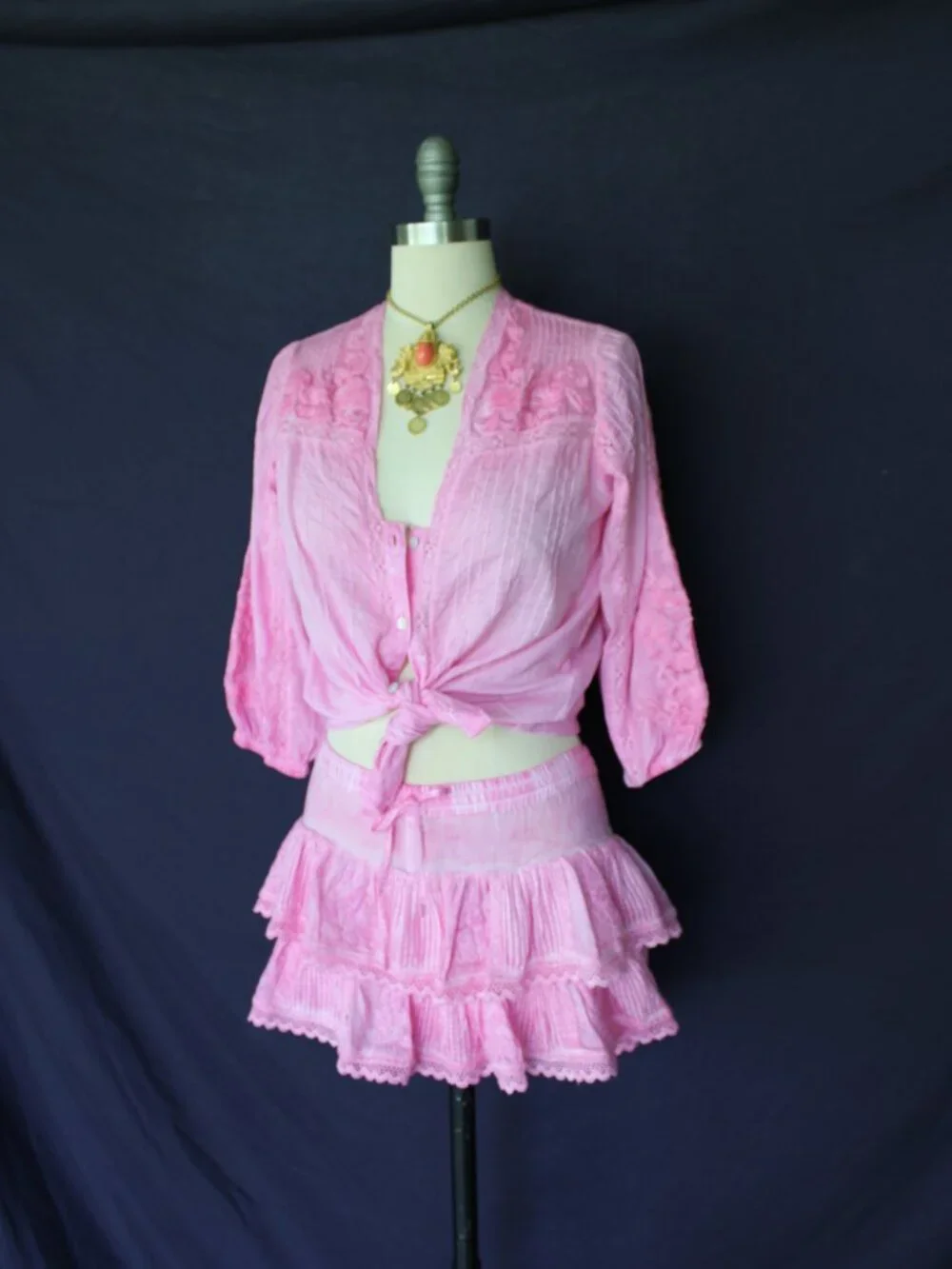 Muche & Muchette Coquette Skort skirt & top dress set blouse Pink embroidered
